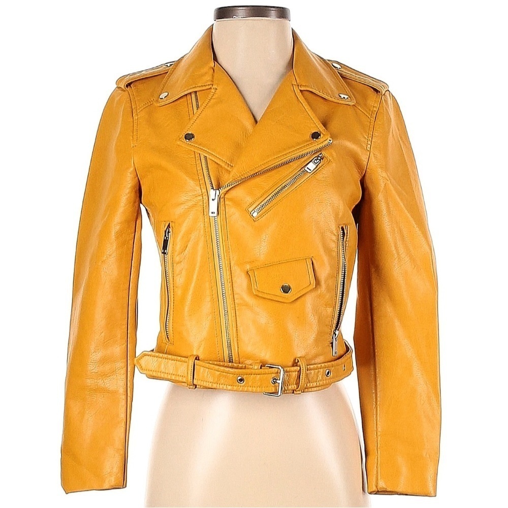 Zara Faux Leather Motorcycle Jacket XS yellow